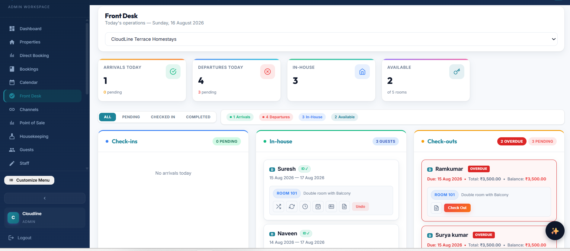 Staytric Real Front Desk Management view showing arrival cards, check-in controls, and room statuses