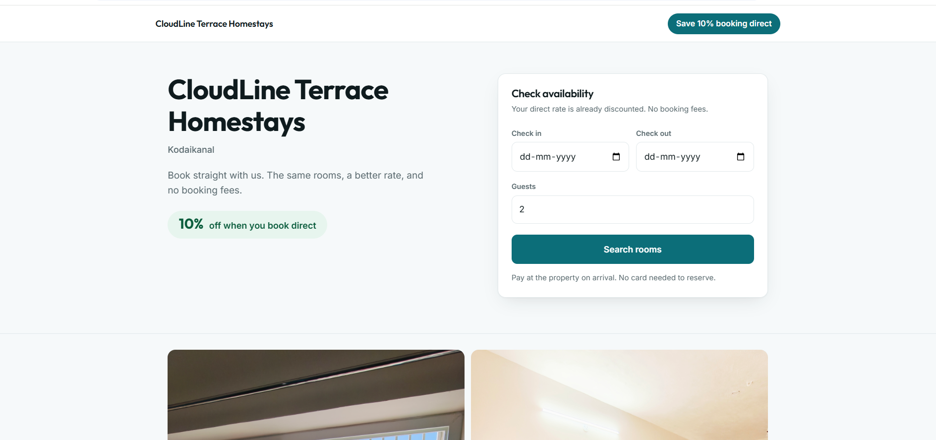 Staytric Direct Booking Page interface for guests checking availability and booking rooms
