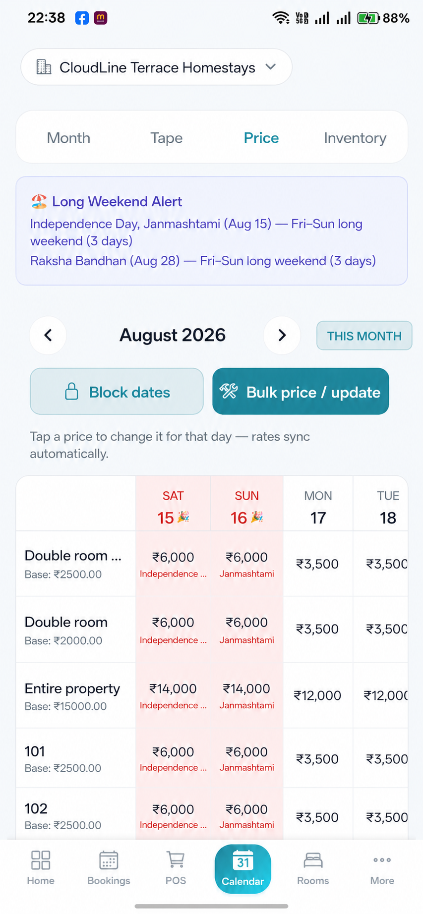 Staytric Mobile Rates & Pricing management screen